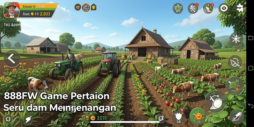 Screenshot menunjukkan pemain mengelola ladang luas dengan beragam tanaman.