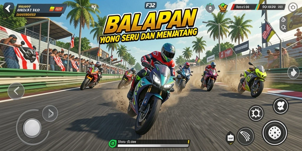 Gameplay seru balapan motor di F32 dengan lintasan yang menantang.