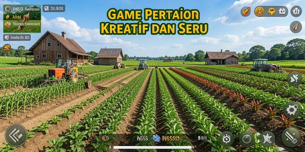 Screenshot gameplay <strong>INS55</strong> menampilkan aktivitas bertani dan interaksi sosial.