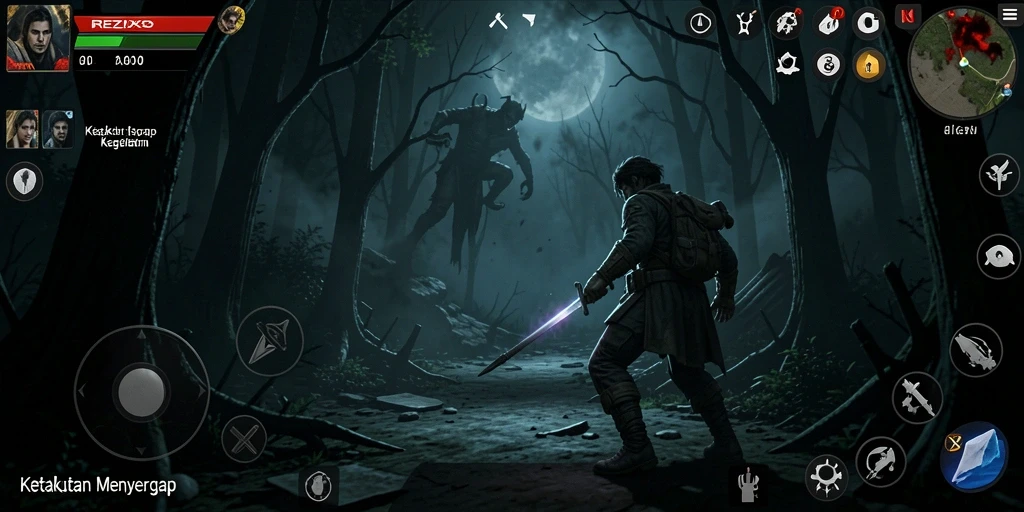 Tangkapan layar utama gameplay <strong>REZIXO</strong> menampilkan suasana horor yang mencekam.