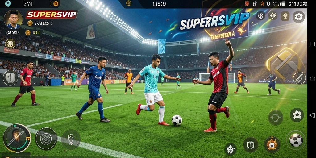 Tampilan gameplay menarik dari SUPERSVIP menampilkan aksi di lapangan sepak bola.